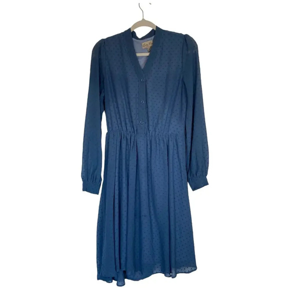 LINDY BOP Ivory Dress Blue Tex Size 8 Swiss Dot Retro Pinup Classic Elegant - Picture 1 of 7